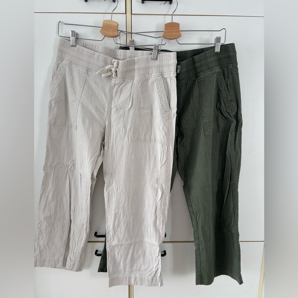 Lot of 2 Denver Hayes Women Large Linen Blend Cargo Pants Cream Green Spring